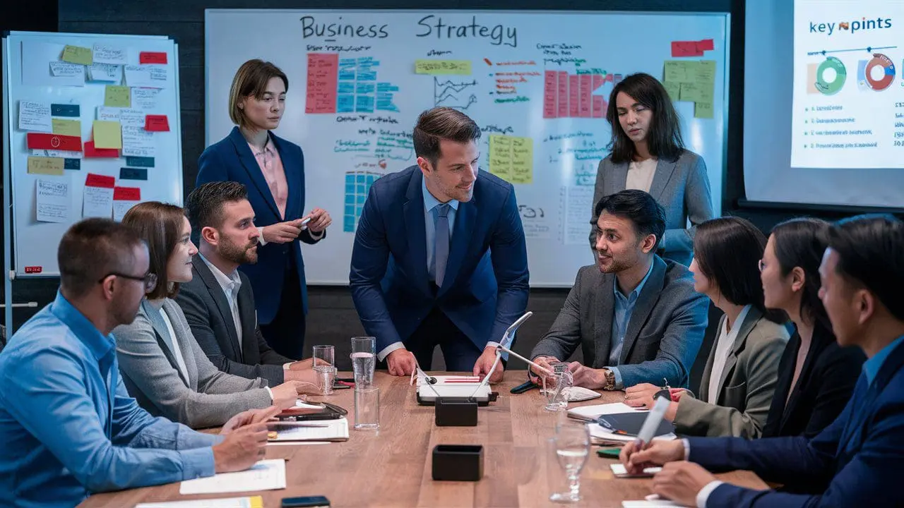 Business Strategy Explained: What It Is and Why It Matters Team brainstorming around a whiteboard with charts and diagrams, representing business strategy planning and goal setting