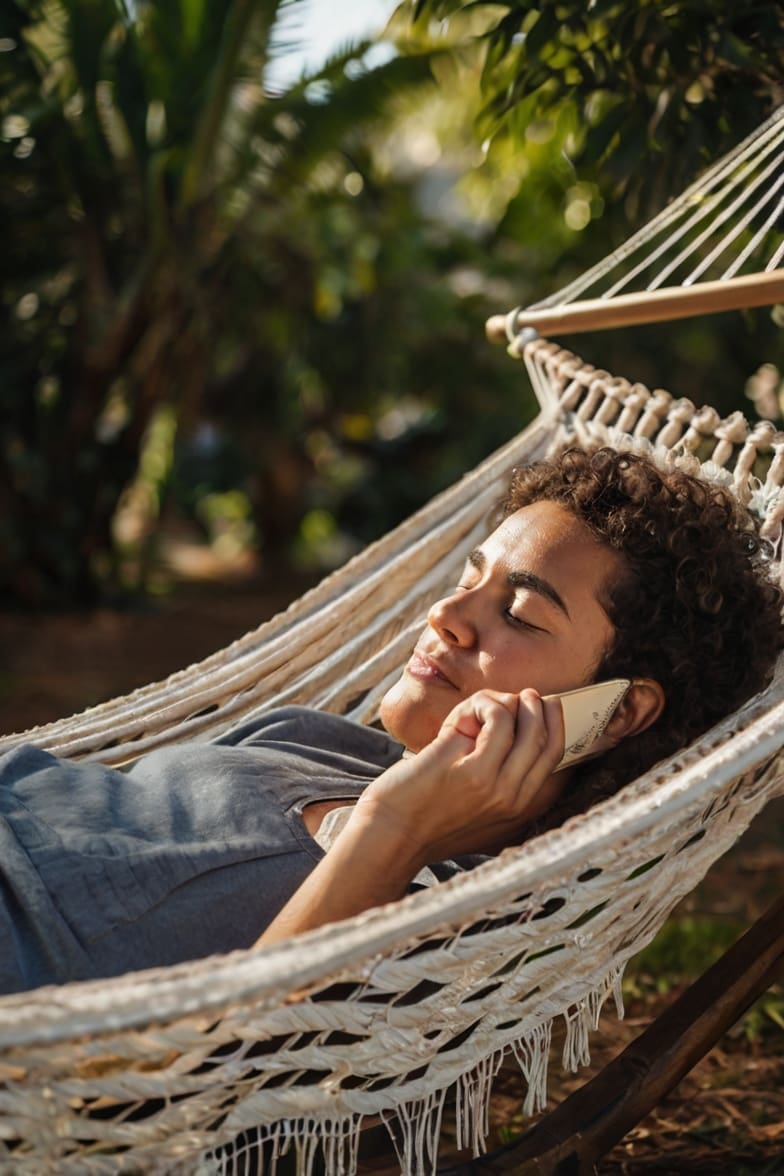 A person relaxing in a hammock The Art of Mindful Tech: Your Guide to Digital Wellbeing making sure to take time out from tech