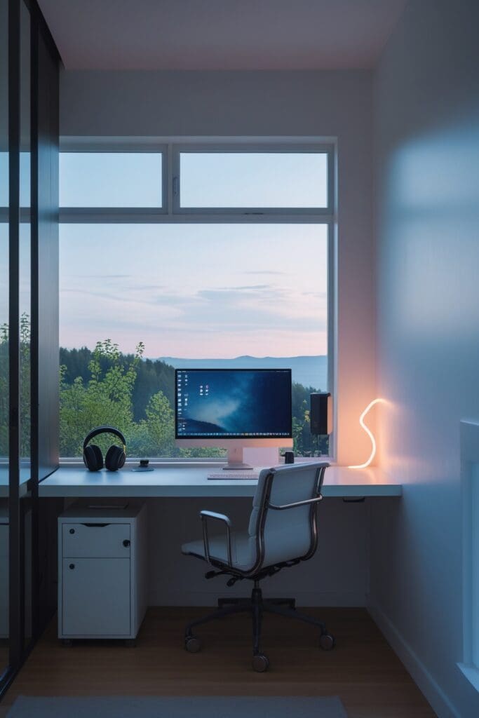 Modern home office setup designed for remote work productivity, featuring ergonomic furniture, dual monitors, and natural lighting to support focus and use of AI tools.