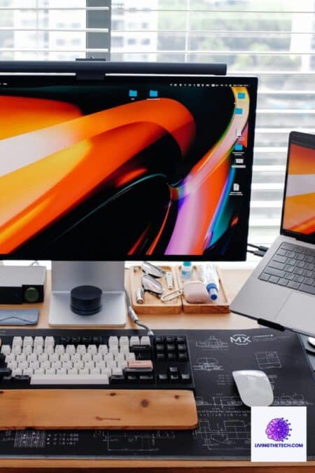 Laptop elevated on stand as part of ergonomic home office setup