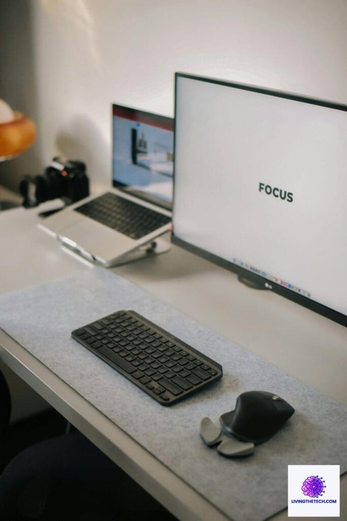 Remote work desk featuring a stylish second monitor for improved multitasking.